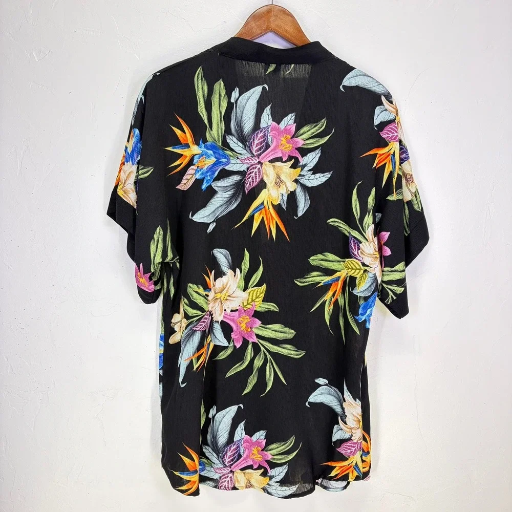 Kona Sol Womens Kimono Cover Up S/M Black Tropical Floral Bird of Paradise Wrap